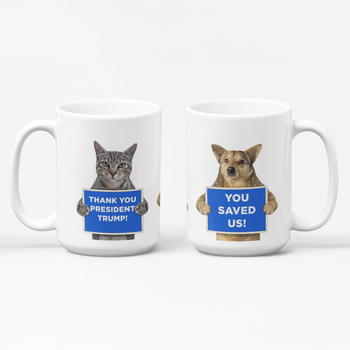 Funny President Trump Coffee Mug - "Thankful Pets Are Saved" 15oz Ceramic Mug, Cat & Dog Humor Gift