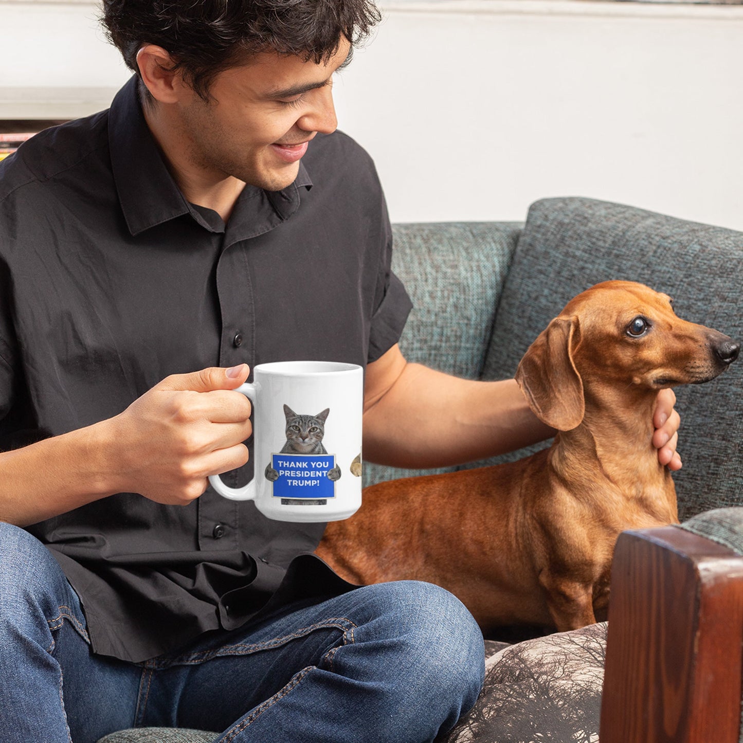 Funny President Trump Coffee Mug - "Thankful Pets Are Saved" 15oz Ceramic Mug, Cat & Dog Humor Gift