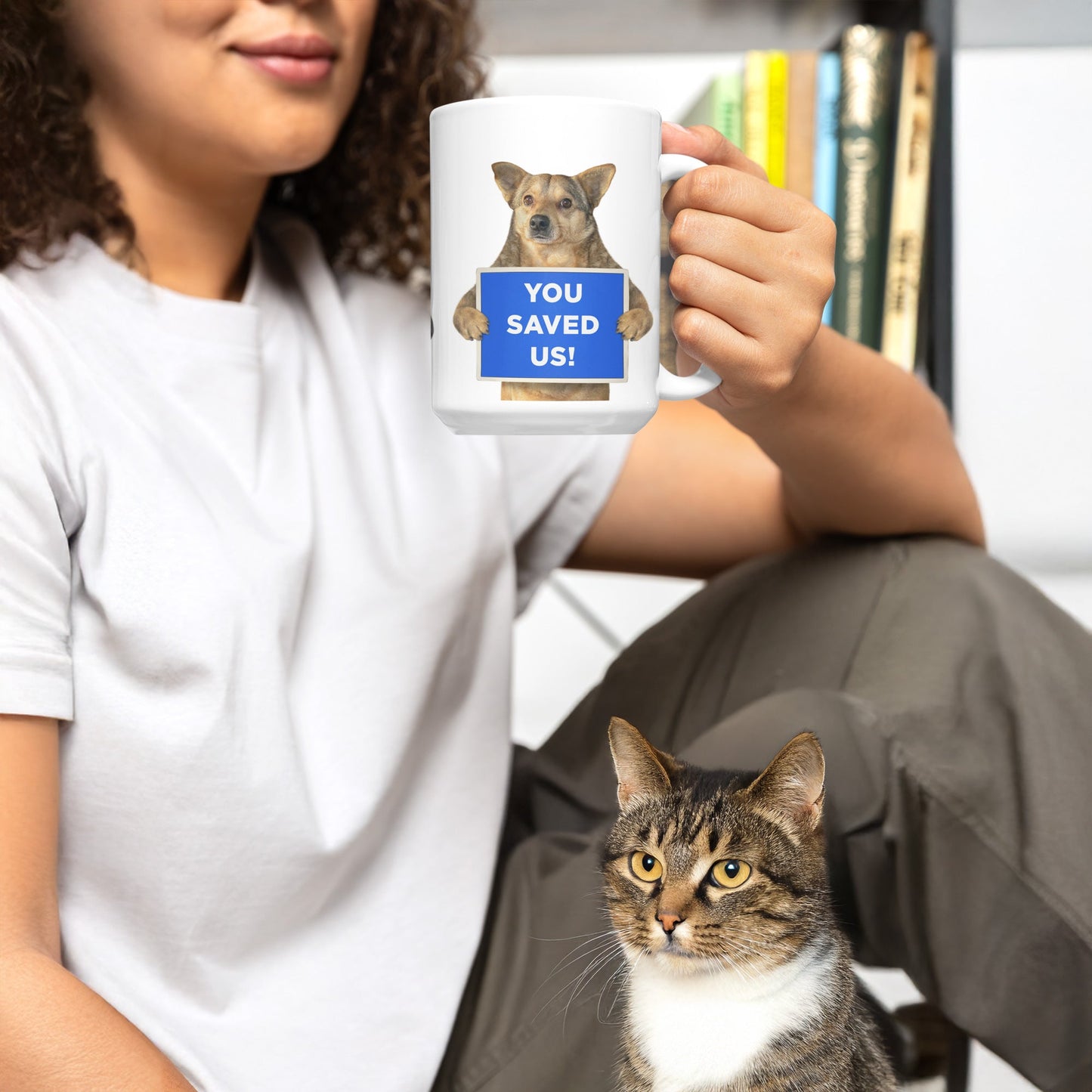 Funny President Trump Coffee Mug - "Thankful Pets Are Saved" 15oz Ceramic Mug, Cat & Dog Humor Gift