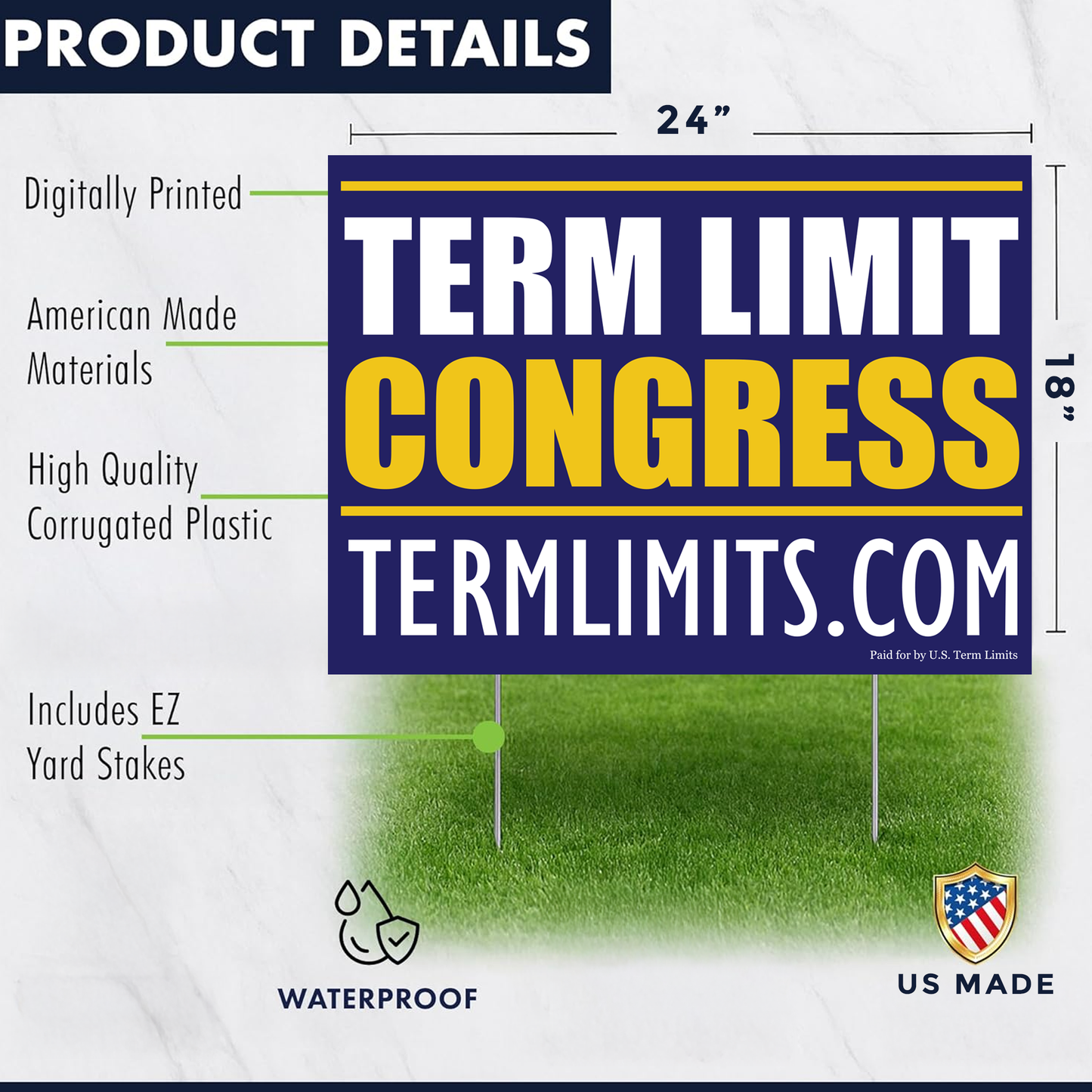 US Term Limits Yard Sign with Stakes | 18x24-Inches | Term Limit Congress